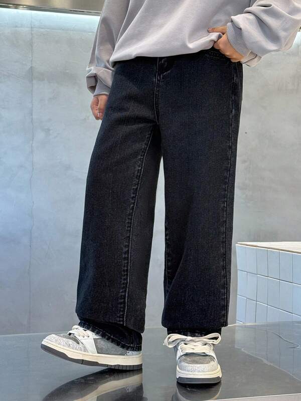 Tween Boys Fashion Casual Y2k Vintage Cool Street Returns To School College Boy Basic Simple And Comfortable Black Denim Loose Straight-Leg Jeans For Kids Clothes Tween Boys Costume Dailywear And Kids Summer And Fall Rave Outfits Festival And Beach Outfits Streetwear School Clothes