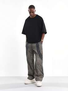 SUMWON 宽松溜冰风格拼接仿皮长裤，阔腿设计，街头时尚休闲秋冬下装，抽绳宽松裤