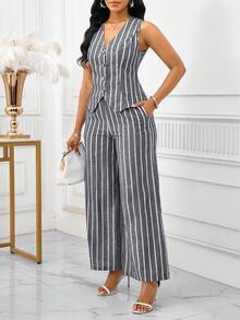 SHEIN Lady 2025 新款撞色条纹面料女士优雅无袖背心和裤子套装，商务通勤风格，夏季女士两件套服装女士两件套服装，女士工作服条纹两件套2件套女士休闲 - 灰色 - 查看 4