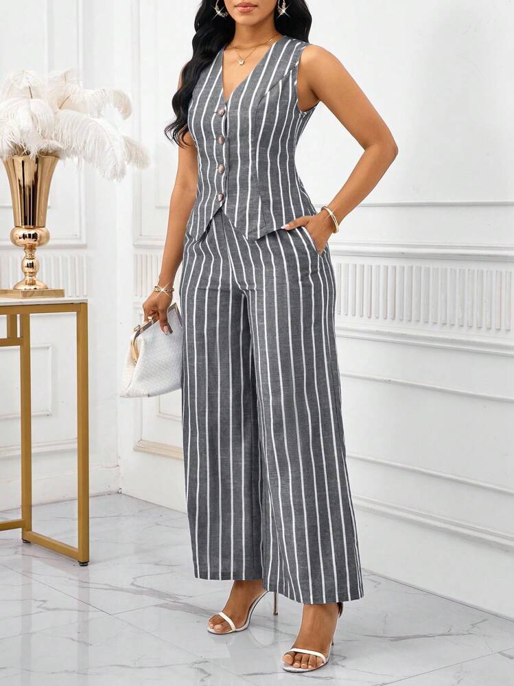 SHEIN Lady 2025 新款撞色条纹面料女士优雅无袖背心和裤子套装，商务通勤风格，夏季女士两件套服装女士两件套服装，女士工作服条纹两件套2件套女士休闲 - 灰色 - 查看 4