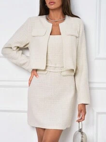 SHEIN Tall Women's Cottnline Pearls Trim Flap Detail Crop Jacket & Bodycon Dress - Beige - View 4