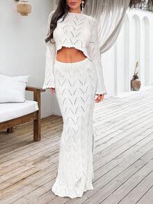 EURMUSE 2pcs/Set Women Knitted Top And High Waist Skirt Cover Up Set, Mature Style, For Summer Beach Vacation - Apricot - View 3