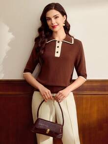Vintamour Damen Kontrast-Kragen Kurzarm Lässig Pullover - Kaffeebraun - Übersicht 5