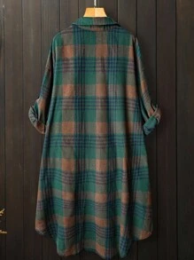 EMERY ROSE 女式加大码中长格子衬衫，前薄后短长袖系带袖口细节，休闲日常宽松复古风格，春秋季 - 彩色 - 查看 2