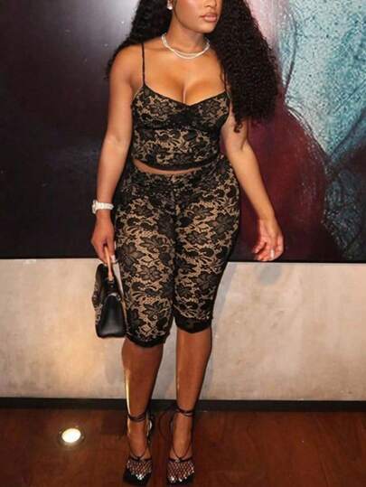 INAWLY Plus Size Women Sexy Lace Trim Camisole Top And Capri Pants Suit