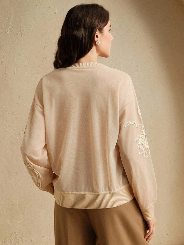 Women's Casual Loose Semi-Sheer Apricot Sequin Embroidery Graphic Pullover Sweater, Fashionable For Outings In Autumn