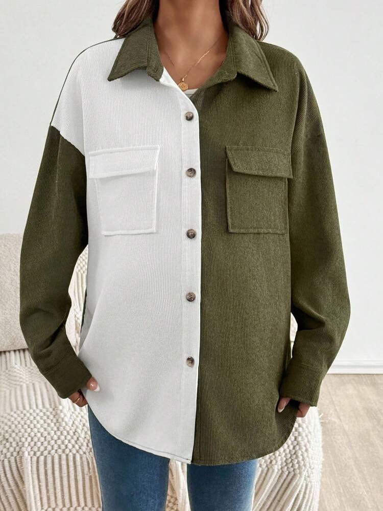 SHEIN Contrast Color Collar Resin Button Decor Maternity Regular Jacket  Fall Women Clothes Fall Women Clothes  Fall   Button Up Shirt Women - Green - View 4