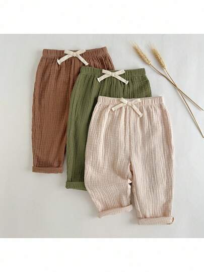 Loomiva 3pcs Baby Boy Colorblock Bow Decor Elastic Waist Casual Pants Set Baby Trousers Toddler Linen Pants Neutral Baby Clothes Baby Boy Cotton Pants Fall