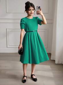 Vestido corto de burbuja festivo con mangas cortas para adolescente en rojo