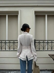 Siren Gaze 新款秋季女式休闲长袖衬衫，前扣开合，腰部收紧 - 杏色 - 查看 2