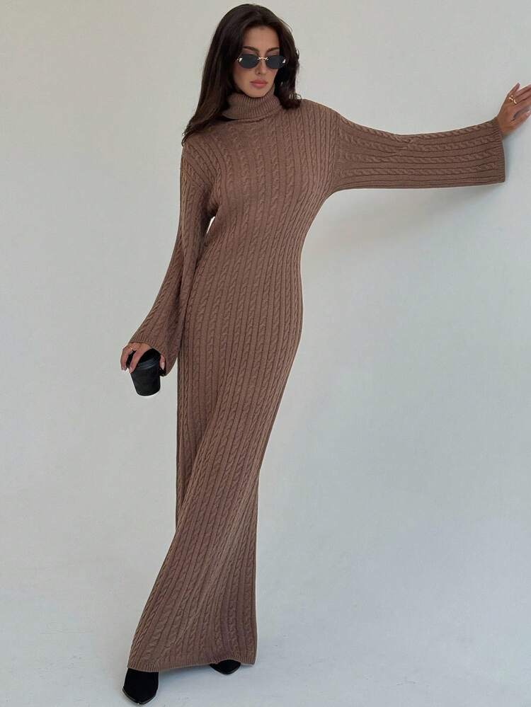 Aloruh New Arrival Autumn Simple Retro Cable Knit Long Fitted High Neck Loose Casual Sweater Dress,Fall - Coffee Brown - View 5