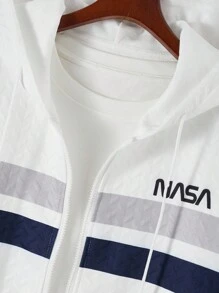 Manfinity Homme 男式字母印花抽绳连帽拉链白色运动衫，秋季 - 白色 - 查看 3