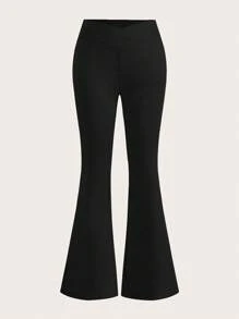 SHEIN EZwear 2件套女士黑灰色腰部交叉设计紧身休闲喇叭裤套装 - 黑色 - 查看 3