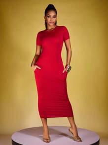 INAWLY Women's Slim Fit Solid Color Short Sleeve Dress, Summer - Red - View 3