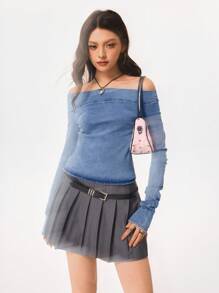 Rivivi 女式露肩长袖修身牛仔衬衫 - 淺色水洗藍 - 查看 4