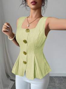 Elenzga Summer New Arrival French Elegant Fashion Big Metal Button Backless Tie Sleeveless Solid Color Blouse For Women - Green - View 3