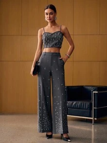 MOTF PREMIUM Pantalones de traje de pierna ancha con detalle de strass en la costura delantera, sin cinturón - Gris Oscuro - Ver 4