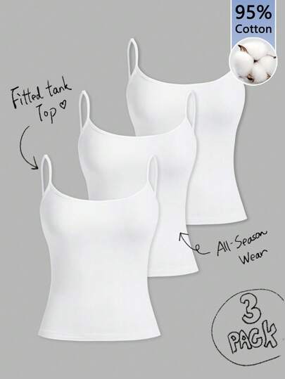 SHEIN Girlism Teen Girls 3pcs/Set Casual Slim-Fit Girl's Camisole Tops, Suitable For Summer, Vintage, Cute Summer Tops, Softgirl, Summer Outing Items, Home, Back To School, Fall Girl Clothes, Versatile White Tops 3 Packs Tops Whites Fitted Tank Top White Tank Tops