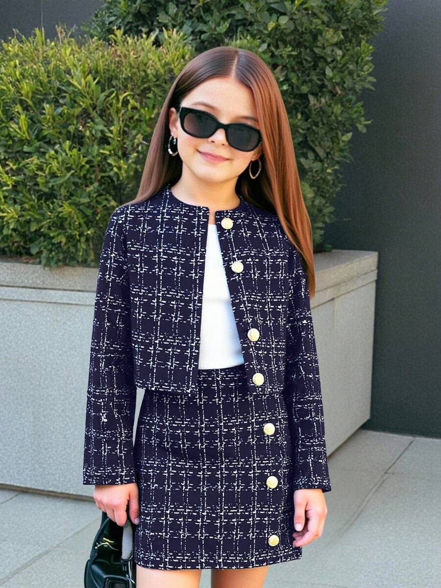 SHEIN Leap Crew Tween Girl Urban Fashion Long Sleeve Plaid Jacket & Bodycon Mini Skirt 2Pcs Set - Navy Blue - View 1