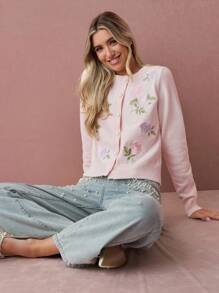 Enchnt 秋冬浪漫女士花卉刺绣长袖针织开衫，时尚优雅，适合派对、约会、节日、毕业典礼、外出、万圣节、圣诞节、秋季、新年等场合。 - 粉色 - 查看 3