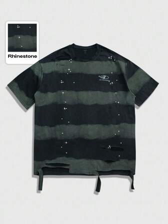 Street Life Herren gestreiftes T-Shirt mit Kontrastfarbe, Rundhalsausschnitt, Kurzarm und Strass-Vintage-Design, 2000er Jahre Stil