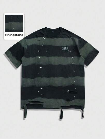 Street Life Camiseta de manga corta con cuello redondo, estampado de rayas, color contrastante y diseño con piedras rhinestone y desgaste, estilo de los años 2000