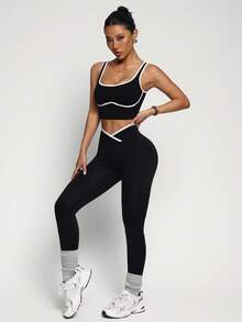 Breezaya Women's Yoga Colorblock Seamless Sports Set Workout Legging Two Piece Set Athletic Two Piece Set Fitness Outfit Two Piece Workout Set Active Two Piece Set Black Two Piece Athletic Setworkout Set - Black - View 6
