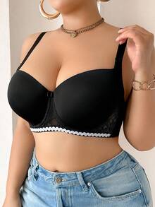 SHEIN 1pc Plus Size Comfortable Seamless Wireless Lightly Lined Adjustable Bra For Women,Daily Casual Black Summer Push Up Bras For Big Boobs Lingerie - Black - View 5