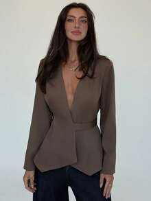 Aloruh Women's Fashionable Solid Color Deep V Neck Blazer In Fall/Winter - Brown - View 3