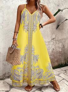 Linhara CURVE 大码女式宽松花卉印花吊带连衣裙，休闲度假装 - 芥末黃 - 查看 1