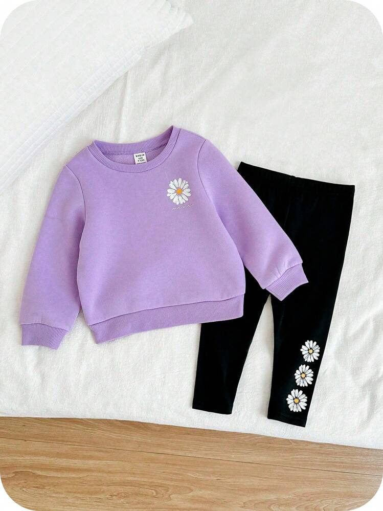 SHEIN 女婴休闲可爱雏菊花印花圆领长袖运动衫和紧身裤套装，适合秋冬季日常休闲穿着 - 紫色 - 查看 4