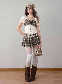 ROMWE Bộ 2 áo sơ mi kẻ caro và chân váy xếp ly cho nữ - Màu be - Xem 9