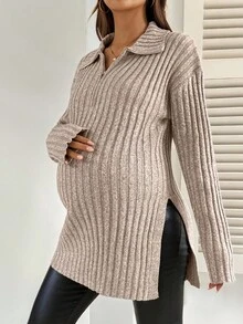 SHEIN كنزة صوفية حمل خريفية ذات لون سادة، سحاب نصفي، كتف منسدل، أكمام طويلة، شق جانبي في الذيل، حمل خريفي وشتوي، ملابس علوية حمل شتوية مرتبة، حمل شتوي دافئ - بني فاتح - مشاهدة 7
