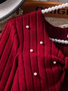 2pcs Tween Girl Casual Outfit, Pearl Decor Long Sleeve Top And A-Line Mini Dress, Elegant Outfits For Spring Autumn
