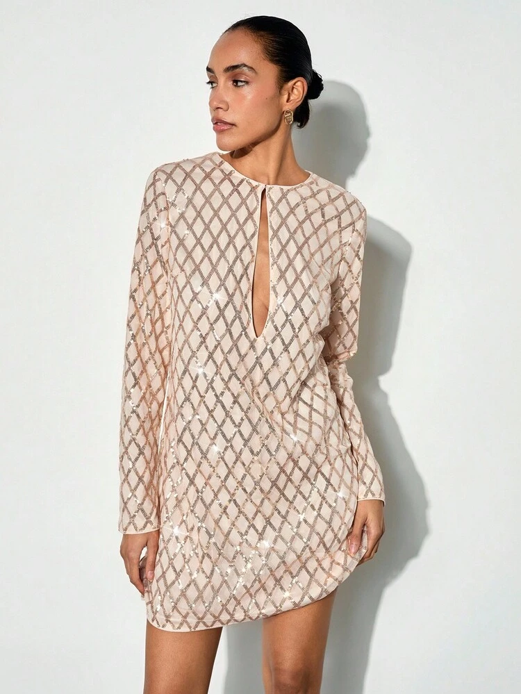 SHEIN Maija Outfit Deas For Dress,Women's Round Neck Hollow Out Design Shoulder Long Sleeve H-Line Short Dress, Elegant Urban Casual Business Style,Festival Dresses ,Festival Outfits For Women 
,Party Dress, Wedding Guest Dress