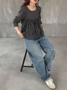 FRIFUL Women's Casual Solid Color 2 In 1 T-Shirt,Fall Women Clothes Cinched Waist Top Waffle Knit Top Dark Grey Top Ruched Top Drawstring Top Long Sleeve Top - Grey - View 4