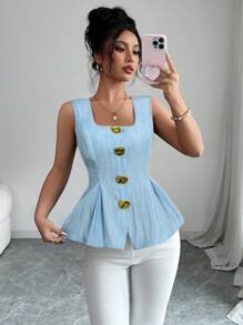 Elenzga Summer New Arrival French Elegant Fashion Big Metal Button Backless Tie Sleeveless Solid Color Blouse For Women - Baby Blue - View 6