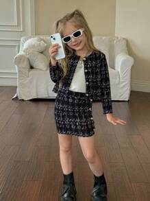 SHEIN 2pcs Young Girl Casual Fashion Button Decor Long Sleeve Jacket And Mini Skirt Set, Tween Girls 2pcs/Set Urban Chic Jacket & Bodycon Skirt Outfit, Graduation Dress,FAshionable,Warm & Soft, Versatile For Play, Daily Wear, School, Autumn & Winter,Pairing White Shirt,Back To School Season.College Style, Girls Blazer And Skirt Set Tweed Two Piece Skirt Set Girls Girls Skirt Suit Girls Tweed Suit Fall