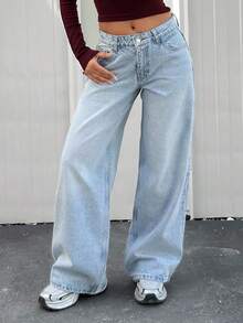 EURMUSE 休闲洗水低腰宽松直筒牛仔裤 - 中等水洗藍 - 查看 4