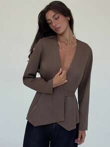 Aloruh Women's Fashionable Solid Color Deep V Neck Blazer In Fall/Winter - Brown - View 4