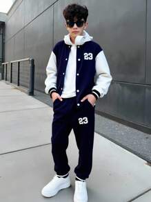 Tween Boys Navy Blue Baseball Jacket,Hoodie & Pants Set,Casual Back-To-School Uniform,Soft Fabric Comfortable Autumn Stylish Outfit For School Wear - Blue - View 1