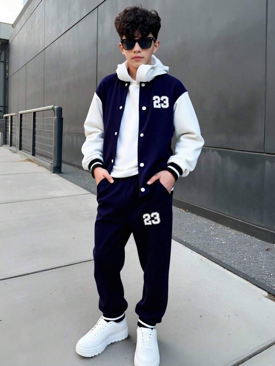 Tween Boys Navy Blue Baseball Jacket,Hoodie & Pants Set,Casual Back-To-School Uniform,Soft Fabric Comfortable Autumn Stylish Outfit For School Wear - Blue - View 1
