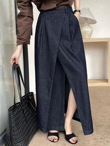 女士收腰设计长款休闲牛仔裙 - 深色水洗藍 - 查看 2