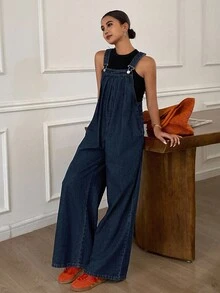 DAZY 女式休闲宽松褶皱口袋阔腿牛仔连体裤