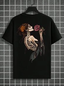 Manfinity LEGND Men's Casual Skull & Rose Graphic Short Sleeve Round Neck T-Shirt, Summer