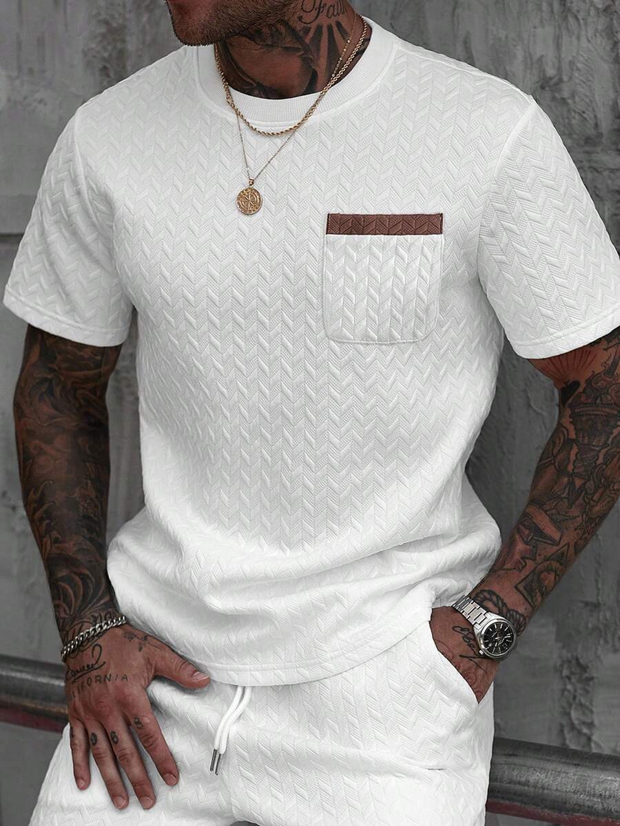 Manfinity Homme Men's Seasonal Trapezoidal Jacquard Fabric Short Sleeve T-Shirt With Contrast Pocket, Soft Collar Trim, Comfortable Ribbed Round Neck, Stylish Casual Wear For Gatherings, Vacation, Office, Dates, Great Gift For Boyfriend Or Husband