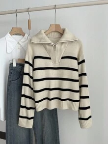 SHEIN 少女黑白条纹休闲学院风海军蓝领套头长袖毛衣上衣，适合秋冬季节，干净女孩，返校季 - 黑與白 - 查看 5