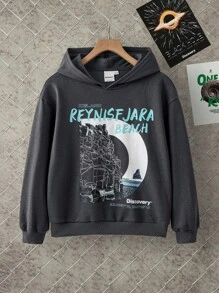 Discovery X SHEIN Tween Boy Streetwear Casual Pullover Hooded Long Sleeve Loose Knit Gray Sweatshirt