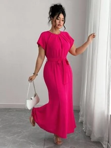 Elenzga Plus Size Women's Elegant Solid Color Belted Fitted Mermaid Dress Women Elegant Dress Dress With Belt Solid Color Dress Summer Elegant Dress Short Sleeve Maxi Dress