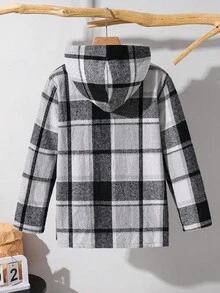 SHEIN 男童休闲格子提花连帽外套，春秋季，秋冬季 - 灰色 - 查看 2